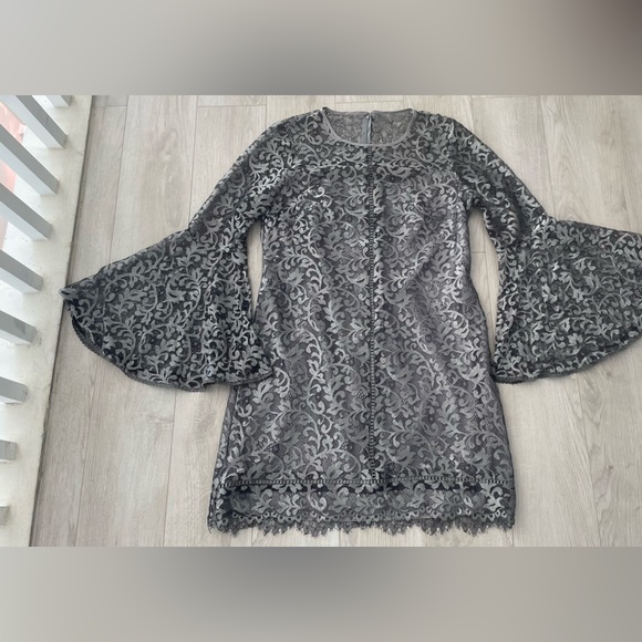 White House Black Market Silver Gray Metallic Lace Bell Sleeve Dress. - Picture 12 of 17